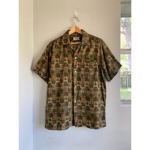VTG Andrade Waikiki Shirt Men L Brown Hawaiian Aloha Camp Floral, Coin Buttons